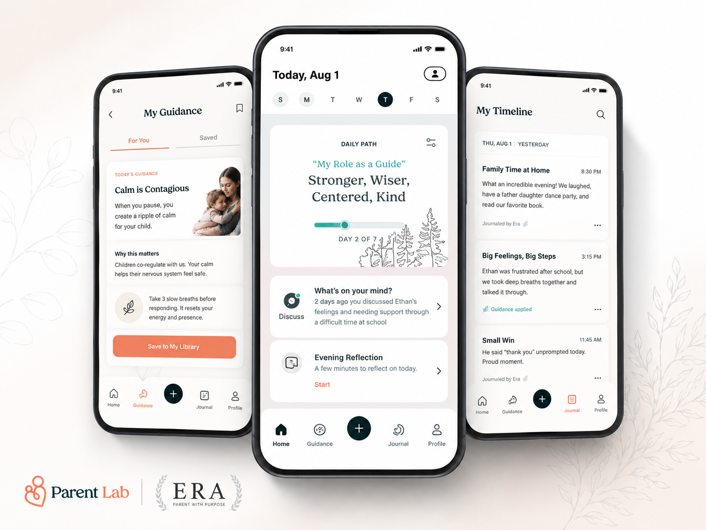 Parent Lab app mockup showing personalized parenting guidance, daily path, and family timeline screens